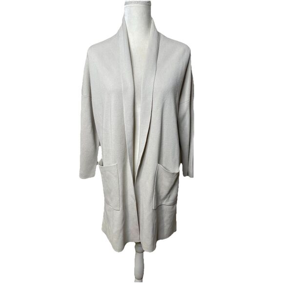 Eileen Fisher XS Open Front Silk Cotton Cardigan Sweater Coat Pockets Oversized - Picture 1 of 7